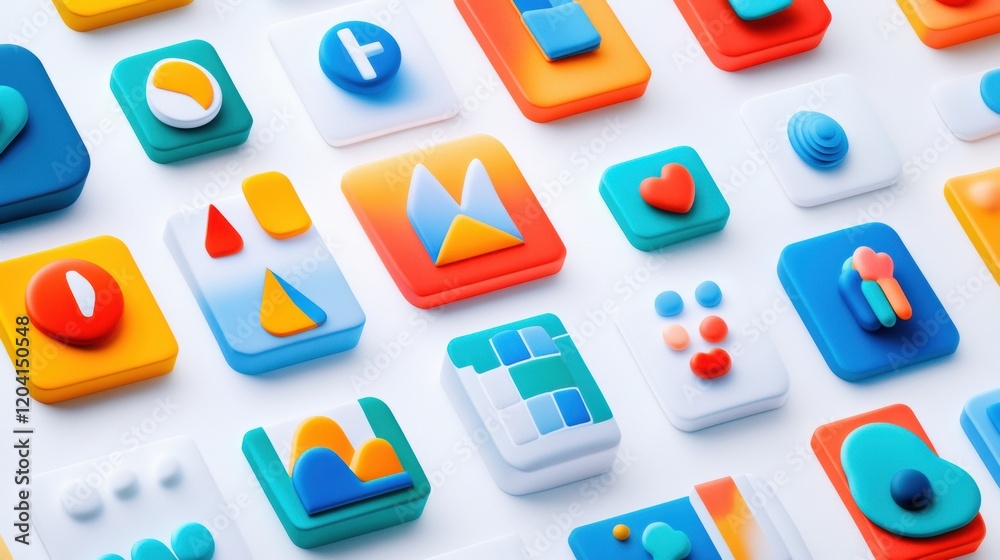 Poster Modern digital app icons design on a bright and colorful background of varying shapes and textures. Generative AI