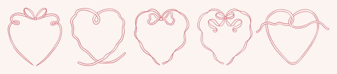 Set of romantic vintage ribbon heart frame with coquette bow. Wedding, valentines day line design. Hand drawn victorian style vector illustration