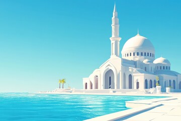 Naklejka premium Serene Coastal Mosque in a Minimalist Style with a Clear Sky and Vibrant Blue Waters, Ideal for Inspirational or Travel-themed Projects