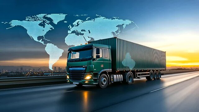 A sea green truck speeding under a clear blue sky on a modern expressway, with a glowing world map layered in the background