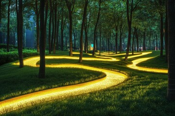 Obraz premium Illuminated Pathway Winding Through A Nighttime Forest