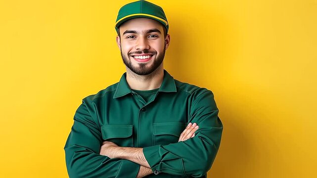 Cheerful plumber in a neat green uniform, arms crossed confidently. Yellow and green gradient background with subtle pipe graphics for fresh, clean visuals.