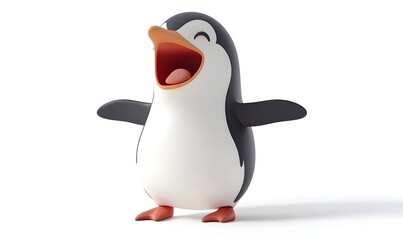 Obraz premium Happy cartoon penguin character with open mouth and arms outstretched.