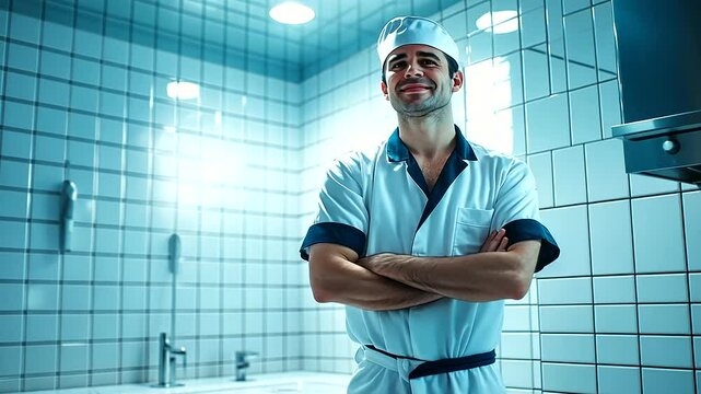 Smiling plumber in a crisp white uniform with navy trim, standing confidently in a clean bathroom with white tiles and soft blue reflections.
