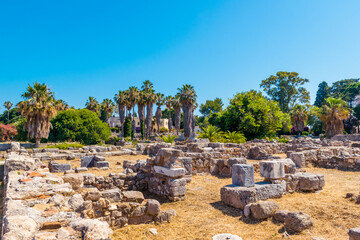 View of ruins of Ancient Agora in Kos town, Kos Island, Greece