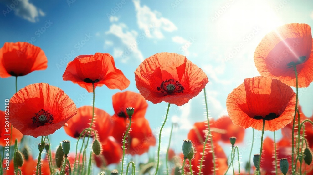 Aufkleber vibrant fields of red poppy flowers under a bright sky on a sunny day in springtime. generative ai