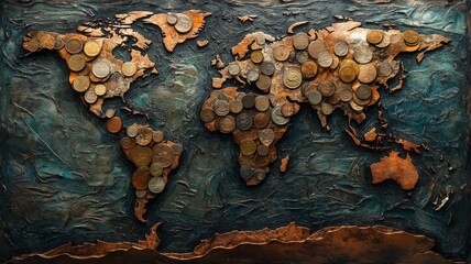 World map created with coins of various origins and ages, showcasing a unique artistic representation of global geography and currency diversity