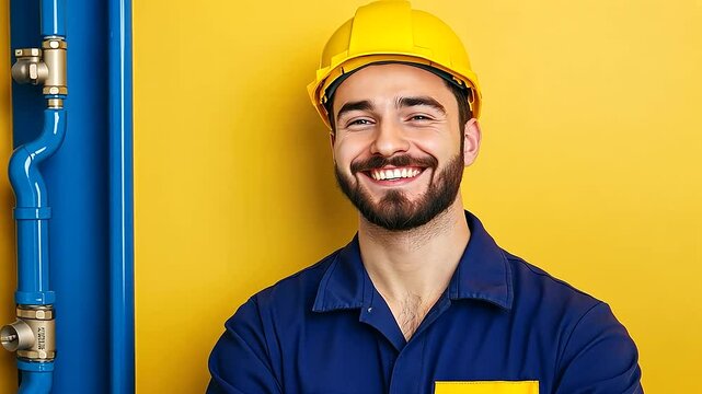 Friendly plumber in a royal blue uniform with a yellow badge, smiling confidently. Yellow-to-blue gradient background with water pipe graphics.