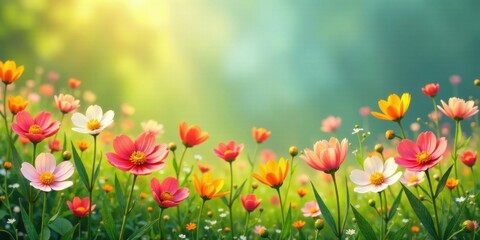 Naklejka premium Vibrant Cosmos Flowers Blooming in a Sunlit Meadow, a Serene and Colorful Springtime Scene