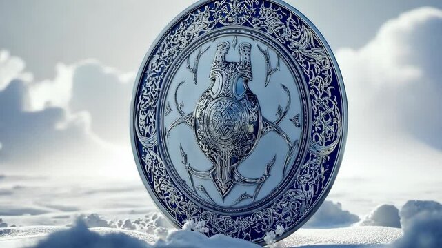 Intricate silver shield rests on a snowy landscape with dramatic cloud formations above