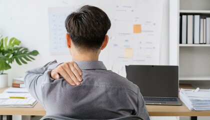 어깨 통증으로 인해 사무실 책상 앞에서 한 손으로 어깨를 주무르고 있는 직장인의 뒷모습