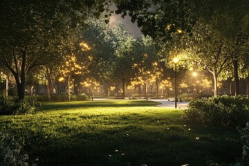 Obraz premium Enchanted Evening Park Pathway Illuminating Trees and Benches
