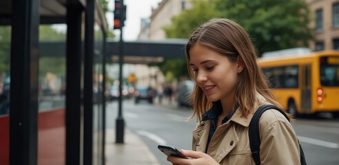 Young woman using smart phone at the bus stop in the city