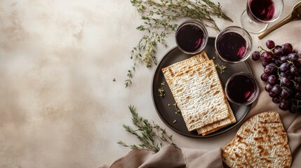 Passover Seder Table Setting with Matzah, Red Wine, Grapes and herbs for the celebration