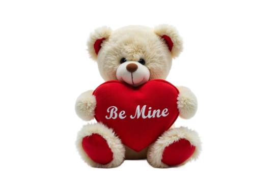 A teddy bear holding a plush red heart embroidered with “Be Mine.”
 - Powered by Adobe