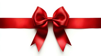 Fototapeta premium Red ribbon bow with long, straight ribbon for banner, isolated on white background with copy space 