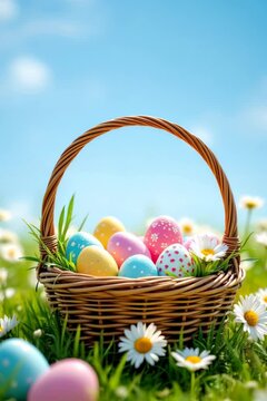 Traditional Easter basket with colorful decorated eggs in blooming spring meadow with daisies. Festive holiday celebration in fresh nature setting. Seasonal outdoor composition