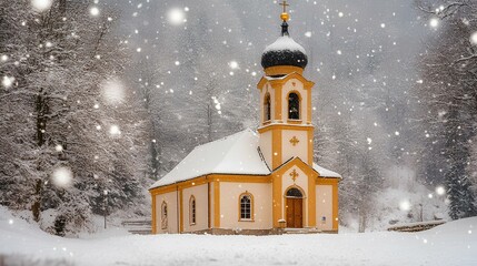Fototapeta premium Winter night church, moonlit scene, snowy landscape, serene atmosphere, holiday card