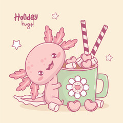 Cute Axolotl with festive cup Hot Cocoa with Marshmallows, hearts and striped candy. Smiling funny little cartoon kawaii character. Vector illustration. Holiday card. Kids collection