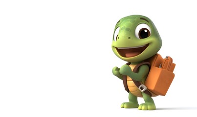 Happy cartoon turtle with backpack ready for school.
