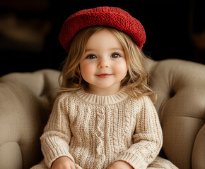 cute little blonde girl in a knitted sweater and a red beret sitting on the sofa