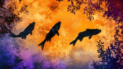 Fototapeta premium Three koi fish silhouetted against a vibrant sunset.