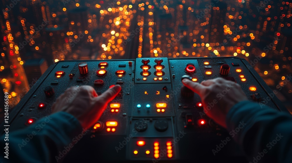 Poster hand operating cnc machine control panel for precise data input and control demonstration.