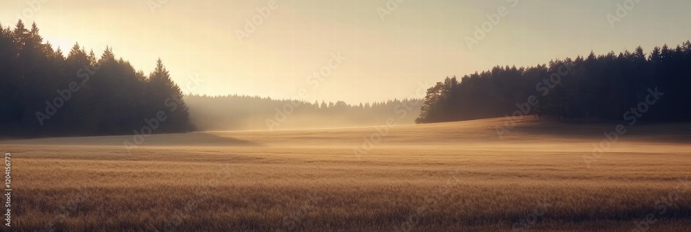 Aufkleber Sunrise over a tranquil meadow with fog hovering above golden grass and surrounding trees. Generative AI