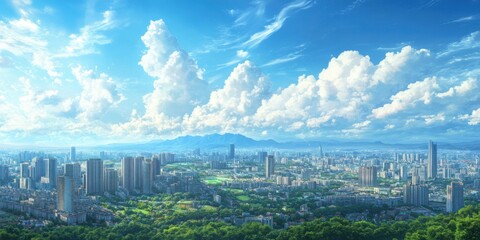 Naklejka premium Panoramic cityscape with lush greens and sky