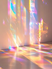 Dreamy holographic rainbow light refraction texture overlay with abstract soft bokeh effect on a white wall. Organic prismatic glow and natural shadows. Background with copy space