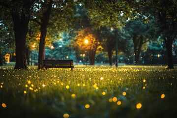 Obraz premium Serene Park Bench Firefly Glow Enchanting Evening Scene