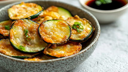 Fried zucchini fritters in tempura for food blog. culinary app, web site, food delivery. Crispy zucchini tempura fritters served with dipping sauce in a bowl