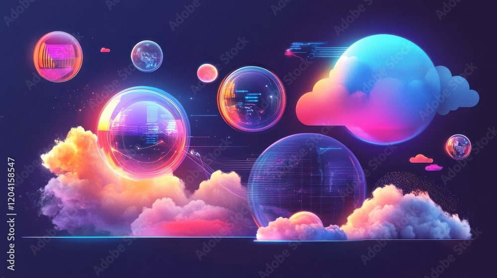 Poster global communication abstract concept vector illustration set. cloud management, cross-platform soft