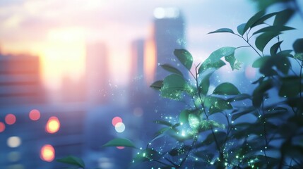 Abstract glowing ECO HUD screen hologram on blurry city background. Ecosystem and digital technology concept. Double exposure