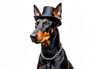 A black and tan Dobermann dog looking at the camera against a plain isolated background