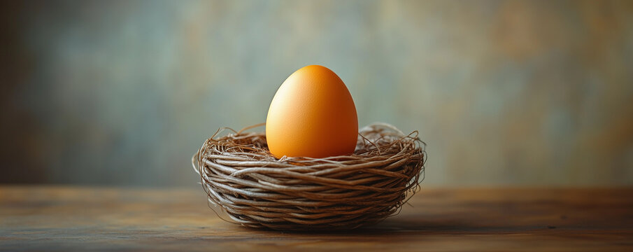 Golden egg in nest on wooden table with blurred background