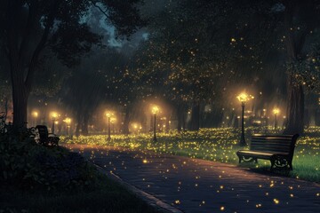 Obraz premium Rainy Night Park Path Illuminated By Fireflies And Lamps