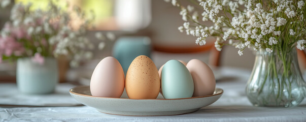 Fototapeta premium Pastel easter eggs with floral decor on table in soft natural light