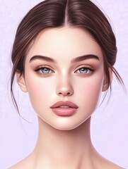 Portrait of beautiful young woman.The face of a beautiful with perfect smooth skin. on a pastel purple background.