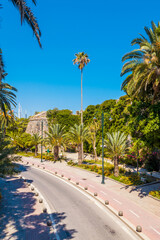 Fototapeta premium Palm street with Nerantzia castle walls in Kos town, Kos island, Greece