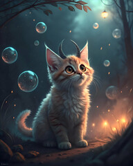 A CAT WITH HORNS SITTHING IN MAGICAL PLACE