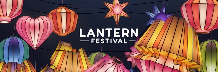 Fototapeta premium A creative minimalist lantern festival poster design with a neon theme. There are multiple lanterns with different shapes and sizes. The lanterns are in the shape of hearts, stars, and circles. 