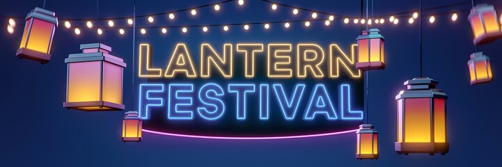 Obraz premium A 3D render of a creative minimalist lantern festival poster with a neon theme. The text 