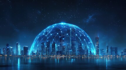 Obraz premium Information and communication technologies network and smart city concept with night skyscrapers landscape under glowing digital dome from illuminated lines
