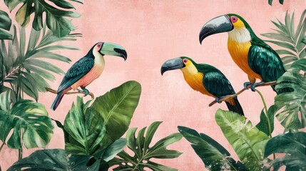 Three toucans perched on branches amidst lush tropical foliage against a pink background.