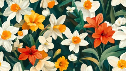 Spring Floral Harmony, intricate seamless pattern featuring vibrant daffodils and elegant lilies, perfect for textiles or home decor