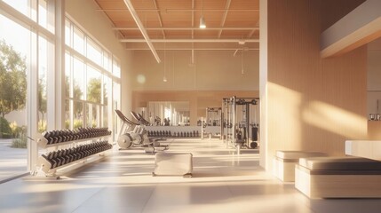 A clean and modern fitness center with a variety of workout equipment in bright lighting.