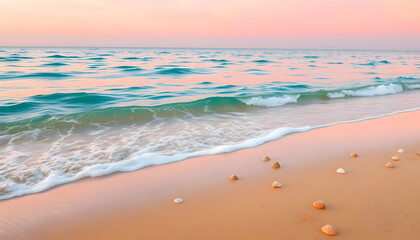 Obraz premium Serene Sunset Seascape: Shells Adorn the Pink Sandy Beach as Gentle Waves Lap the Shore at Dusk