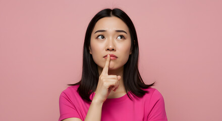 Fototapeta premium A young woman wearing a pink shirt is depicted with her finger on her lips, gazing upward in contemplation, set against a pink studio backdrop. 