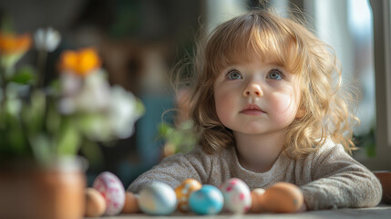 Obraz premium Curly-haired caucasian child with easter eggs in a sunlit room